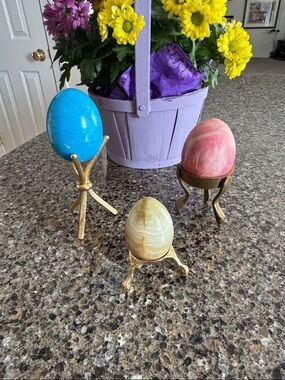 3 Decorative Stone Egg Trio w/Gold Tone Stands - Blue, Pink & Cream